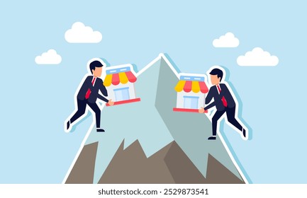 Two businessmen carrying a store are racing to the top of a mountain, illustrating the competition in the marketplace to become a leader in their field