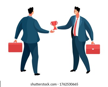 Two businessmen celebrating their success. Male characters, in full height, with winner's cap. Vector illustration