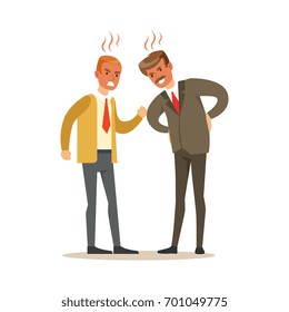 Two businessmen characters fighting angry and shouting at each other, negative emotions concept vector Illustration