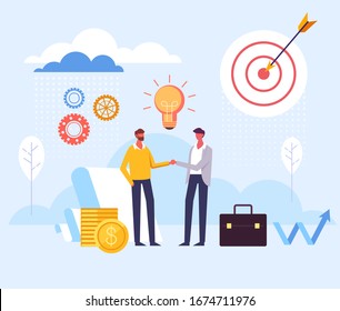 Two businessmen characters shaking hands. Business deal concept. Vector flat graphic design cartoon illustration