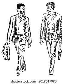 Two businessmen, or chief and employee, walking and talking to each other. Business on the move. Original hand drawing of business people, negotiations, meeting, partnership, team work, working day.