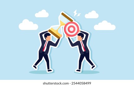 two businessmen clash with items they carry, one hold a hourglass and the other a target board, illustration of debate to finish a dateline project with numerous business targets