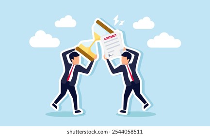 Dos empresarios se enfrentan con los artículos que llevan, uno sostiene un reloj de arena y el otro un documento de contrato, ilustración del debate sobre las estrategias para terminar un proyecto de línea de fecha con contratos limitados