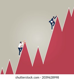 Two businessmen climbing bar graph of success, competitive investment growth targets concept