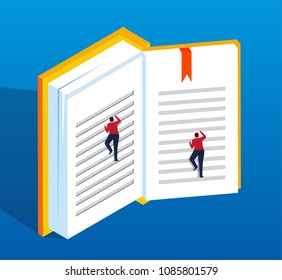 Two businessmen climbing in books