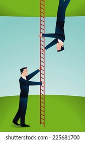Two businessmen climbing a ladder in different directions.