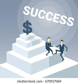 Two Businessmen Climbing Stairs To Money Dollar Sign Successful Business Team Development Growth Concept Vector Illustration