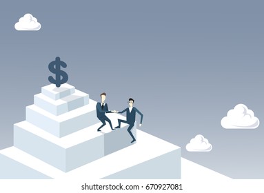 Two Businessmen Climbing Stairs To Money Dollar Sign Successful Business Team Development Growth Concept Vector Illustration