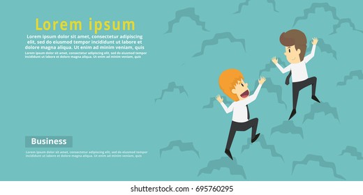 Two businessmen climbing to the top of a mountain. Cartoon of business success, can be used as a background, banner, infographics. illustration vector