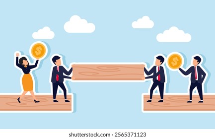 Two businessmen collaborate to complete board connections while two others hold dollar coins, illustration of a business merger to strengthen and improve company finances