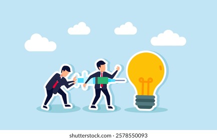 Two businessmen collaborate to inject liquid into a lit lamp, illustration of a trigger to generate business ideas and innovations