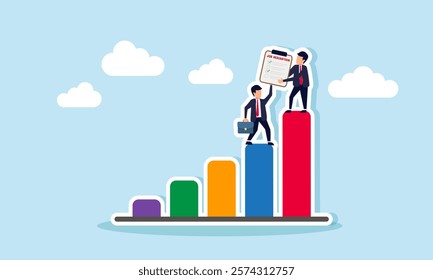 Two businessmen collaborate to lift a job description board to reach the highest position on the chart, illustration of teamwork in achieving targets aligned with business performance