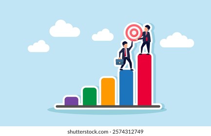 Two businessmen collaborate to lift a target board to reach the highest position on the chart, illustration of teamwork in achieving business targets aligned with business performance