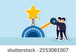 Two businessmen collaborate pulling a lever that moves a star machine, illustration of teamwork in improving business rating and quality