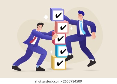 Two businessmen collaborate to stack large blocks with check marks. A concept of teamwork, partnership, task completion, and building a successful project together. Vector , illustration ,flat design.