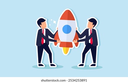 Two businessmen are collaborating to carry a rocket, illustrating teamwork in the collaboration and synergy of a jointly built startup business