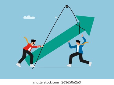 Two Businessmen Collaborating to Raise Upward Arrow Chart. Teamwork Concept for Growth, Success, and Business Progress