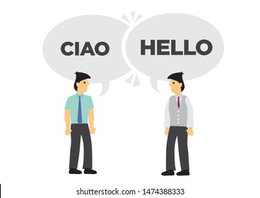 Two businessmen communicate in different languages. Concept of international business or corporate collaboration. English and Italian. Flat vector isolated illustration.