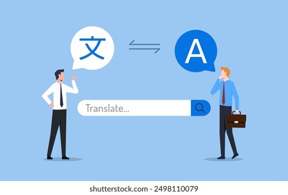 Two businessmen are communicating with machine translation application or internet technology. Translate languages to connect diverse languages of the world