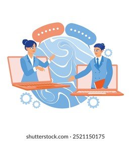Dos hombres de negocios que se comunican a través de la pantalla del ordenador portátil. Empresario reuniéndose en línea con colegas. Concepto de trabajo remoto en línea. Ilustración vectorial plana.