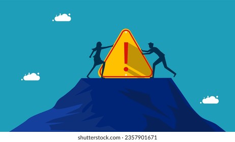 Two businessmen compete to push an exclamation point. Problem alert concept