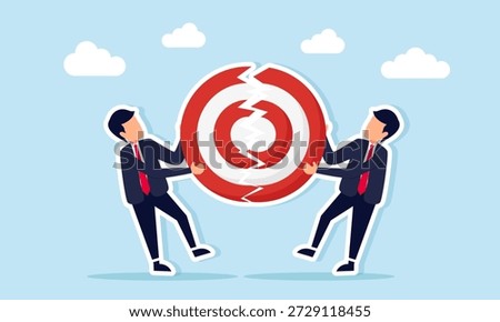 Two businessmen competing over a target board split into two illustrating business competition to achieve goals