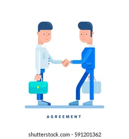 Two businessmen conclude an agreement. Business concept for agreement. Cartoon male characters. Flat style vector illustration isolated on white