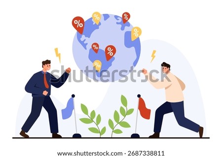 Two businessmen confront each other over global trade issues with percentage symbols on a world map. Concept of economic competition and trade wars isolated vector illustration
