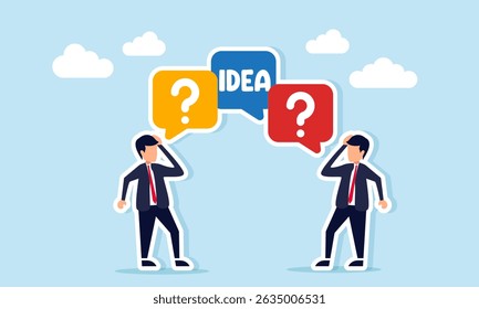Two businessmen confused with chat dialog show IDEA causing one businessman to have a question mark dialog illustration of confusion in discussion brainstorming business ideas