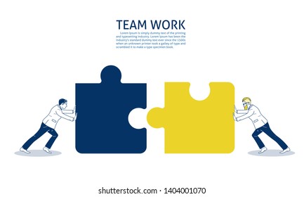 Two businessmen connect two puzzle pieces.  hand drawn style vector doodle design illustrations.