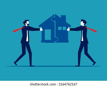 Two businessmen are connecting house puzzles. business concept vector illustration