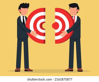 Two businessmen connecting puzzle elements. Business metaphor of a joint venture, partnership or teamwork