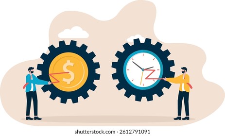Two businessmen cooperate to help gears rotate, business transformation or improvement, increase productivity and efficiency, profit


