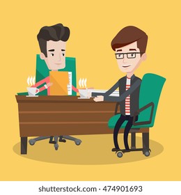 Two businessmen with cups of coffee talking in the office. Businessman interviewing male candidate for a position. Two men during business meeting. Vector flat design illustration. Square layout.