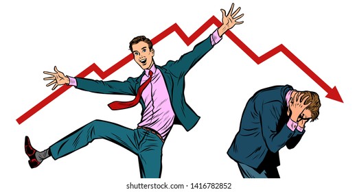 two businessmen. different emotions happiness joy smile and panic sadness fear. bankruptcy stock market crash Pop art retro vector illustration vintage kitsch