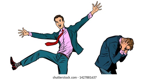 two businessmen. different emotions happiness joy smile and panic sadness fear. Pop art retro vector illustration vintage kitsch