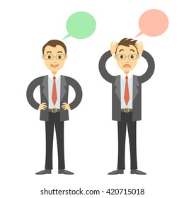 Two businessmen in different poses, sad and happy businessmen. Concept of success or falling in business. Cartoon vector businessmen
