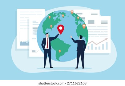 Dois empresários discutem um mapa global marcado com pinos de localização, sugerem planejamento de negócios internacionais e análise de mercado.