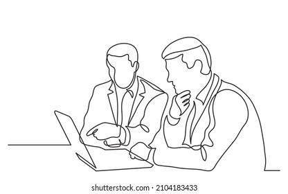 two businessmen discuss work project on laptop computer screen during meeting continuous line drawing