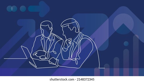 two businessmen discuss work project on laptop computer screen during meeting continuous line drawing