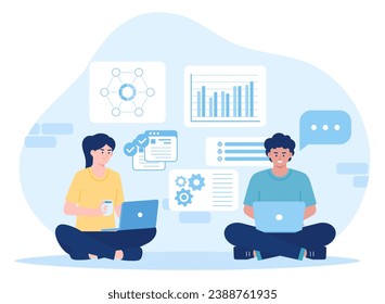 two businessmen discussing business and analyzing graphs with laptop trending concept flat illustration
