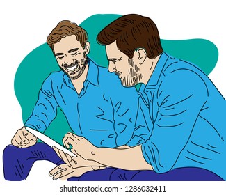 two businessmen discussing business. Colorful illustration with black outlines. Vector.