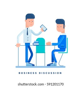 Two businessmen discussing. Business concept for discussion. Cartoon male character. Flat style vector illustration isolated on white