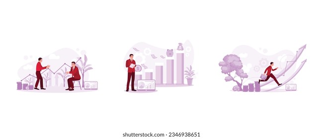Two businessmen are discussing business growth and development. The entrepreneur stands, taking notes against the background of charts of various types of wages. Businessman jumping with up arrow. 