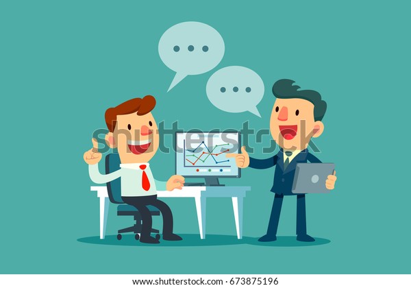 オフィスのデスクでビジネス戦略を話し合う2人のビジネスマン上司と従業員が一緒に働いている。
