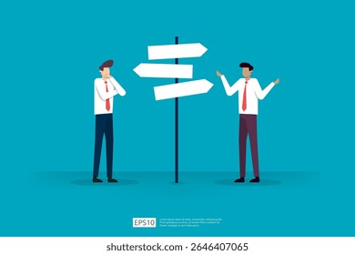 Two Businessmen Discussing Directions and Choices Beside a Signpost in a Blue Background. investment Inquiry and Financial Exploration vector illustration