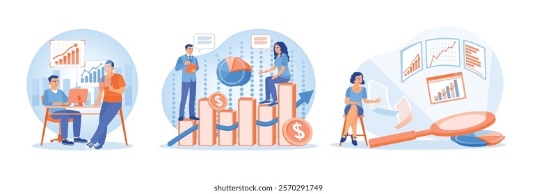 Two businessmen discussing at work. Analyzing infographic data. Analyze company performance and develop business strategies.Business analysis instruments concept. Set flat vector illustration.