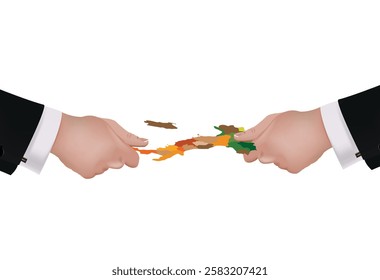 Two businessmen dividing a colorful map representing market share