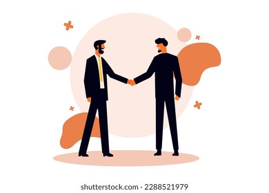 Two businessmen doing handshake in the first meeting on white and oragne background. Business startup project and people concept. Flat design character theme. Vector illustration