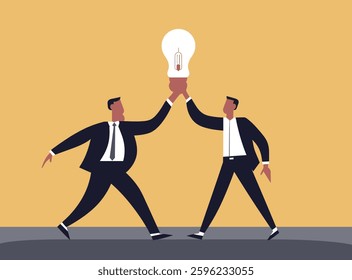 Two businessmen doing a high-five with a light bulb, an innovation and idea concept vector illustration.